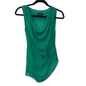 Bebe Sheer green cowl neck top drape neck blouse decorative zipper going out